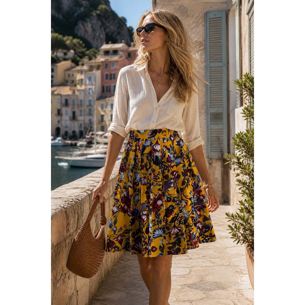 J.Crew Silk Floral Skirt Yellow Pleated A-Line Artsy Bold Feminine Statement 2